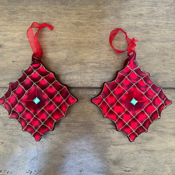 Set of 2 Traditional Red Quilted Glass Christmas Ornaments 5” x 5” Jewel Accent - Picture 2 of 9